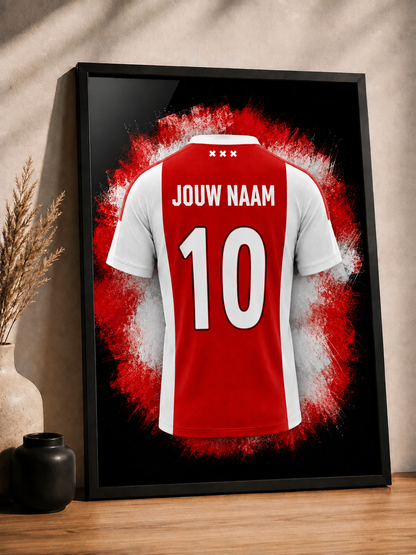 Gepersonaliseerde Ajax voetbalposter met zwarte lijst in interieur